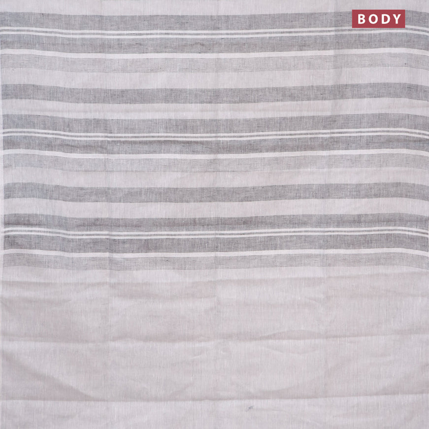 Pure linen saree off white and black with allover stripe pattern and silver zari woven piping border