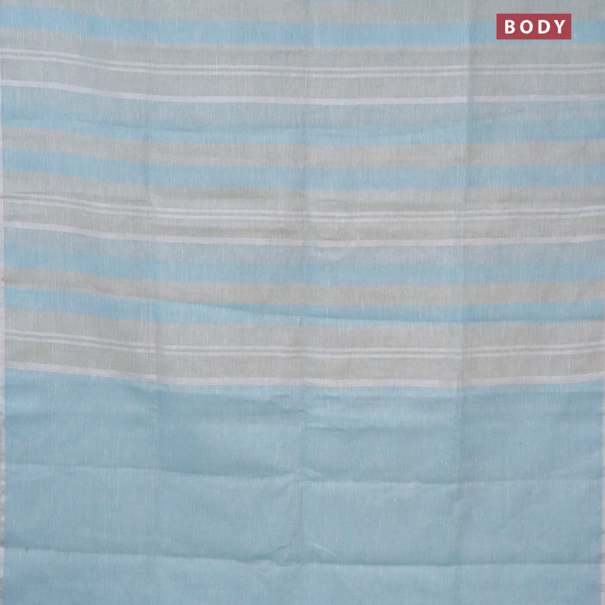 Pure linen saree grey and light blue with allover stripe pattern and silver zari woven piping border