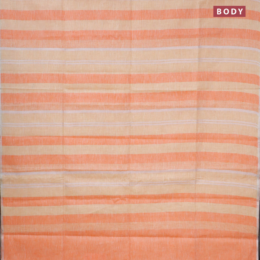 Pure linen saree pale yellow and orange with allover stripe pattern and silver zari woven piping border