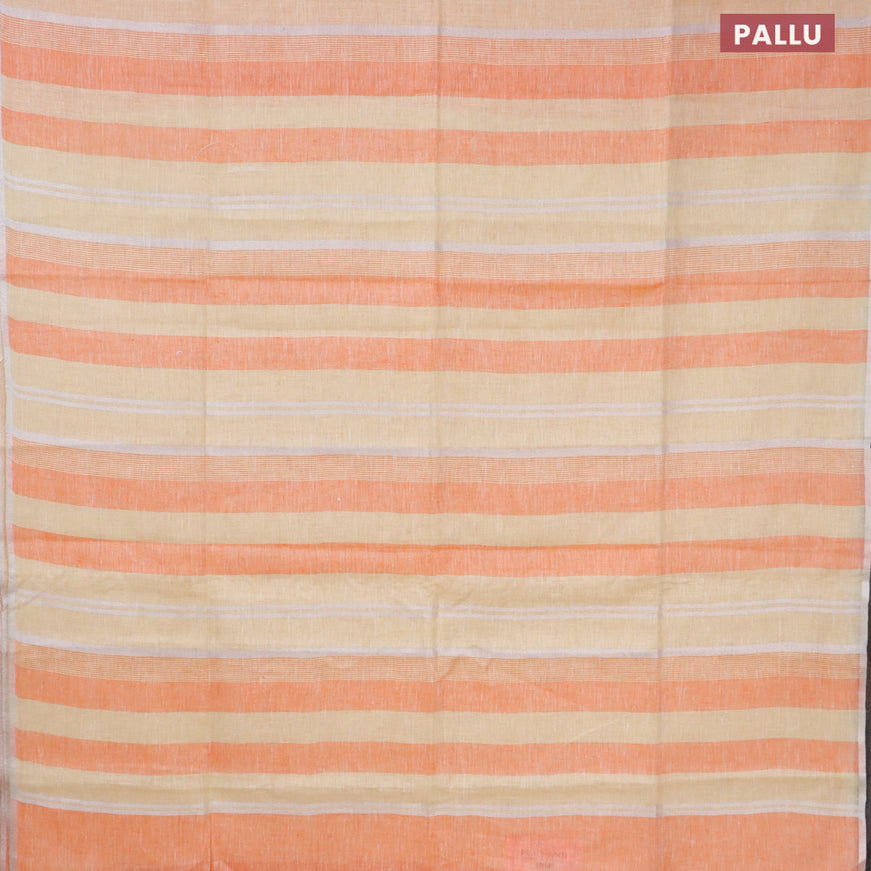 Pure linen saree pale yellow and orange with allover stripe pattern and silver zari woven piping border