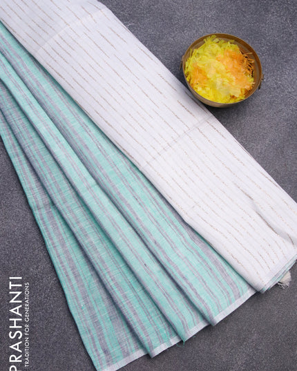 Pure linen saree teal green grey and off white with allover stripe pattern and silver zari woven piping border
