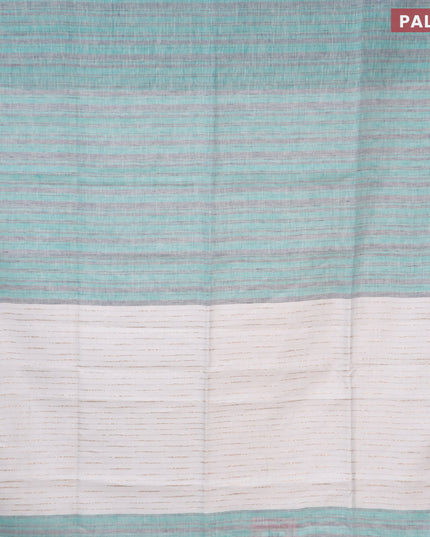 Pure linen saree teal green grey and off white with allover stripe pattern and silver zari woven piping border