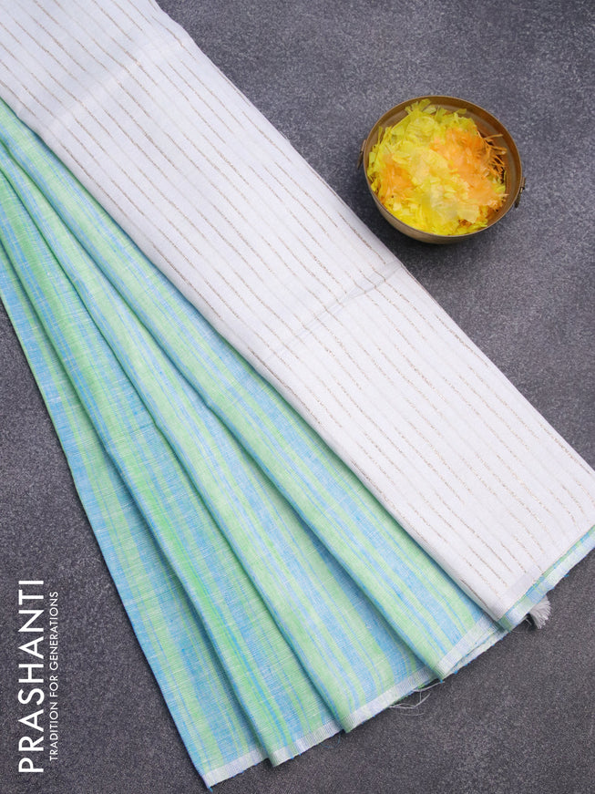 Pure linen saree green blue and off white with allover stripe pattern and silver zari woven piping border