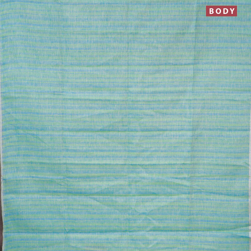 Pure linen saree green blue and off white with allover stripe pattern and silver zari woven piping border
