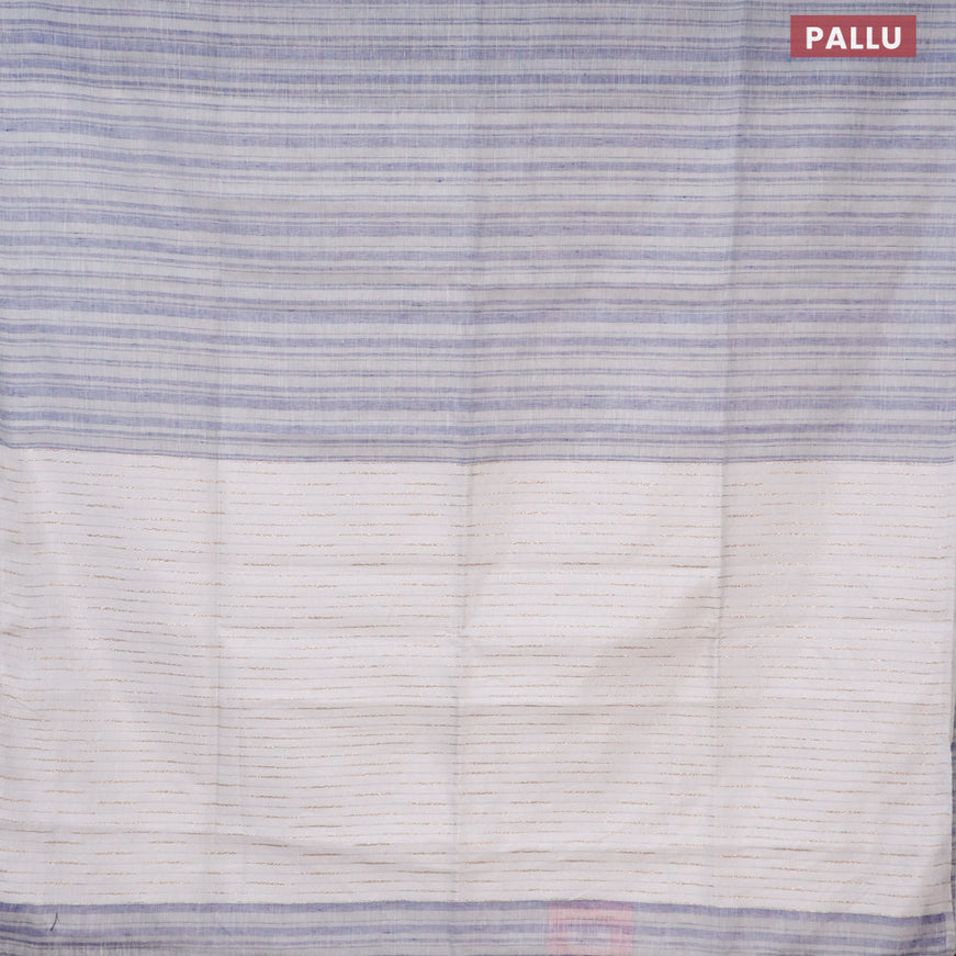 Pure linen saree blue and off white with allover stripe pattern and silver zari woven piping border