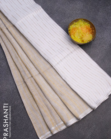 Pure linen saree yellow shade grey and off white with allover stripe pattern and silver zari woven piping border