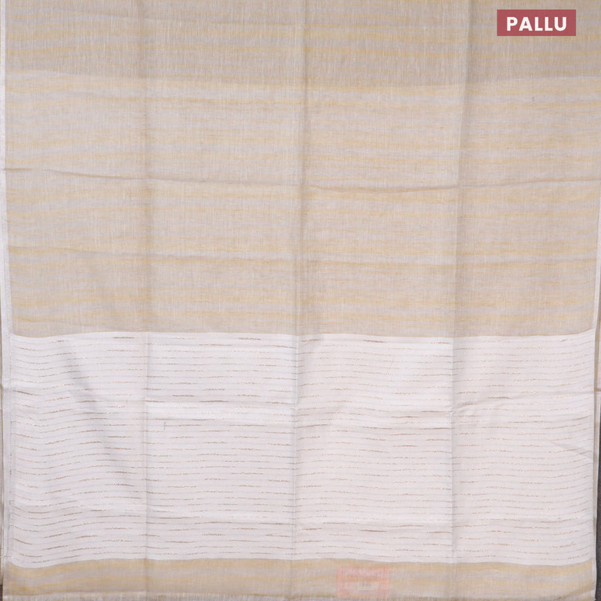 Pure linen saree yellow shade grey and off white with allover stripe pattern and silver zari woven piping border