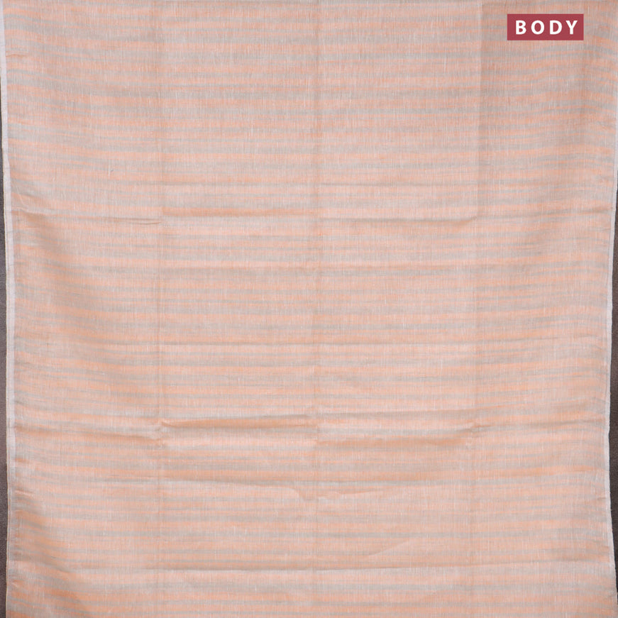 Pure linen saree orange grey shade and off white with allover stripe pattern and silver zari woven piping border
