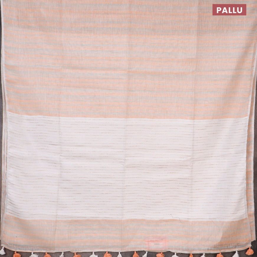 Pure linen saree orange grey shade and off white with allover stripe pattern and silver zari woven piping border