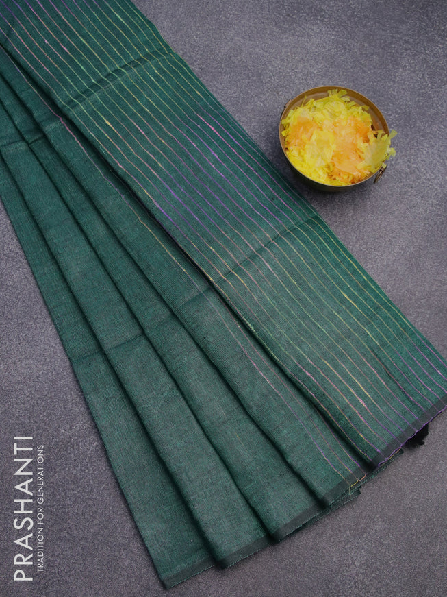 Pure linen saree green with plain body and piping border