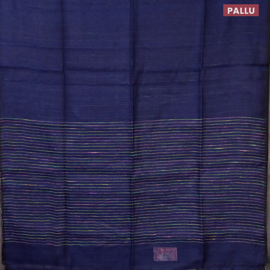 Pure linen saree dark blue with plain body and piping border
