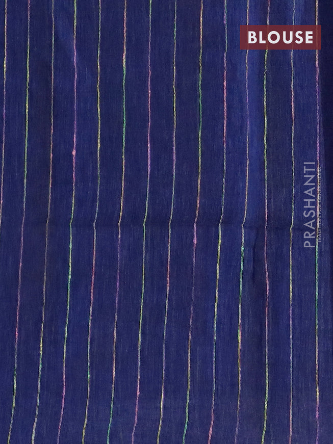 Pure linen saree dark blue with plain body and piping border