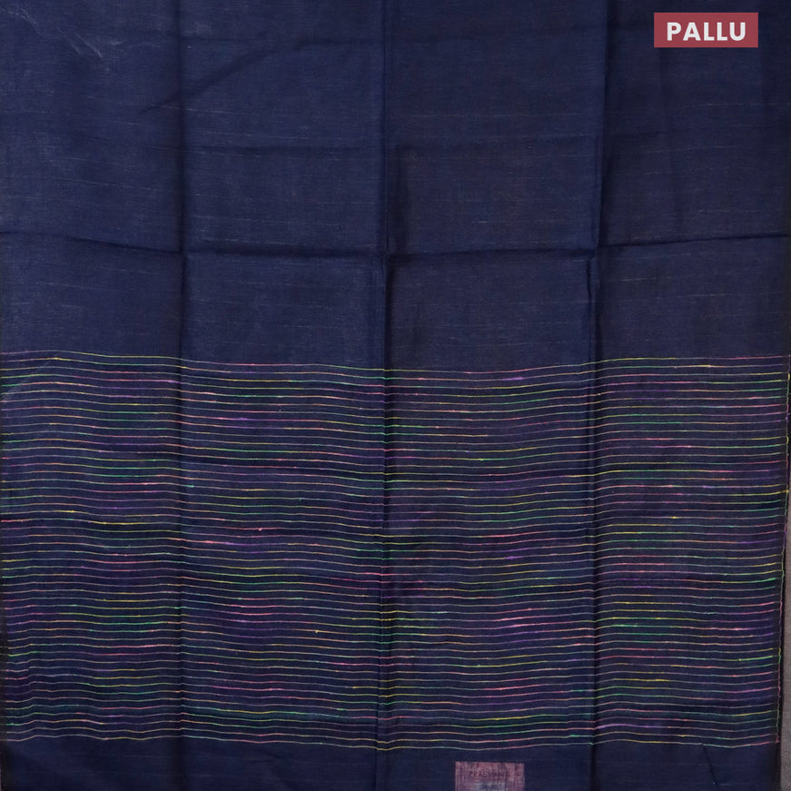 Pure linen saree navy blue with plain body and piping border