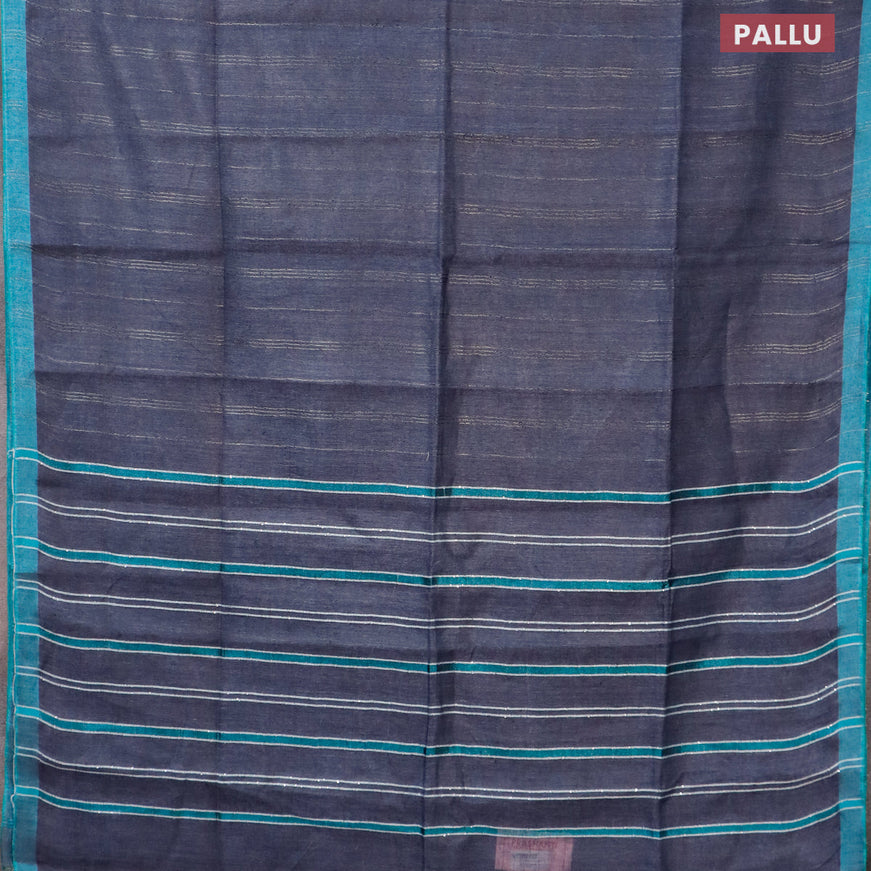 Pure linen saree grey and teal blue with zari weaves and zari woven border