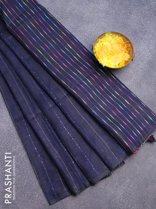 Pure linen saree dark blue with allover sequin work and piping border