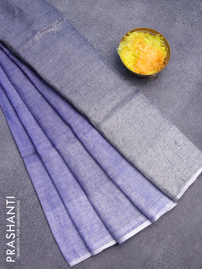 Pure linen saree blue shade with plain body and silver woven piping border