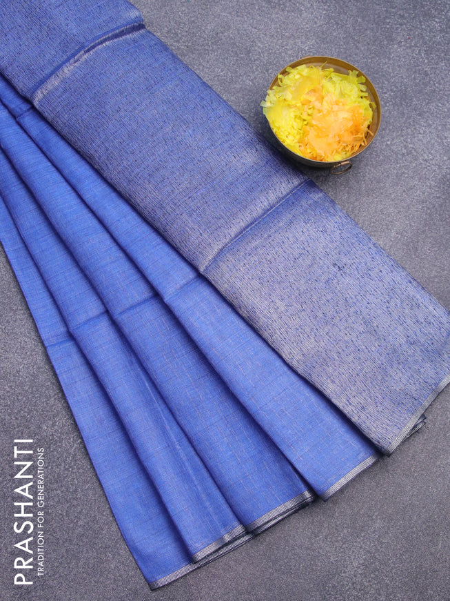 Pure linen saree blue with plain body and silver woven piping border