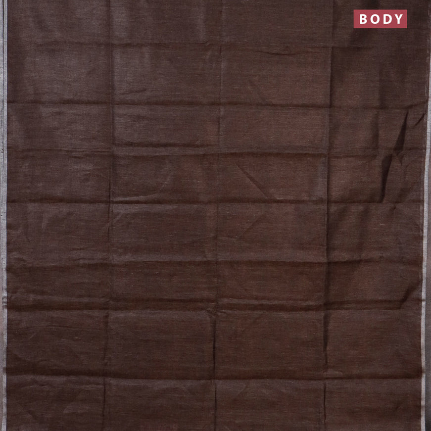 Pure linen saree brown shade with plain body and silver woven piping border
