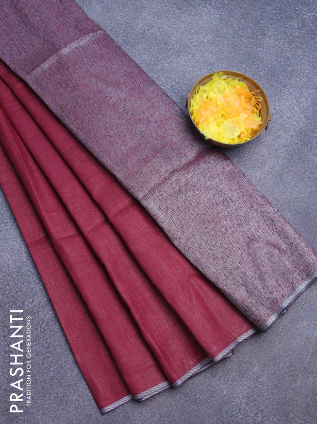 Pure linen saree maroon with plain body and silver woven piping border
