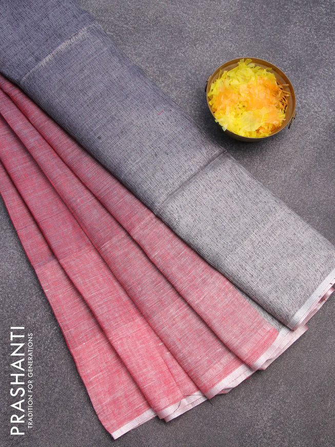 Pure linen saree dual shade of red and grey with plain body and silver woven piping border