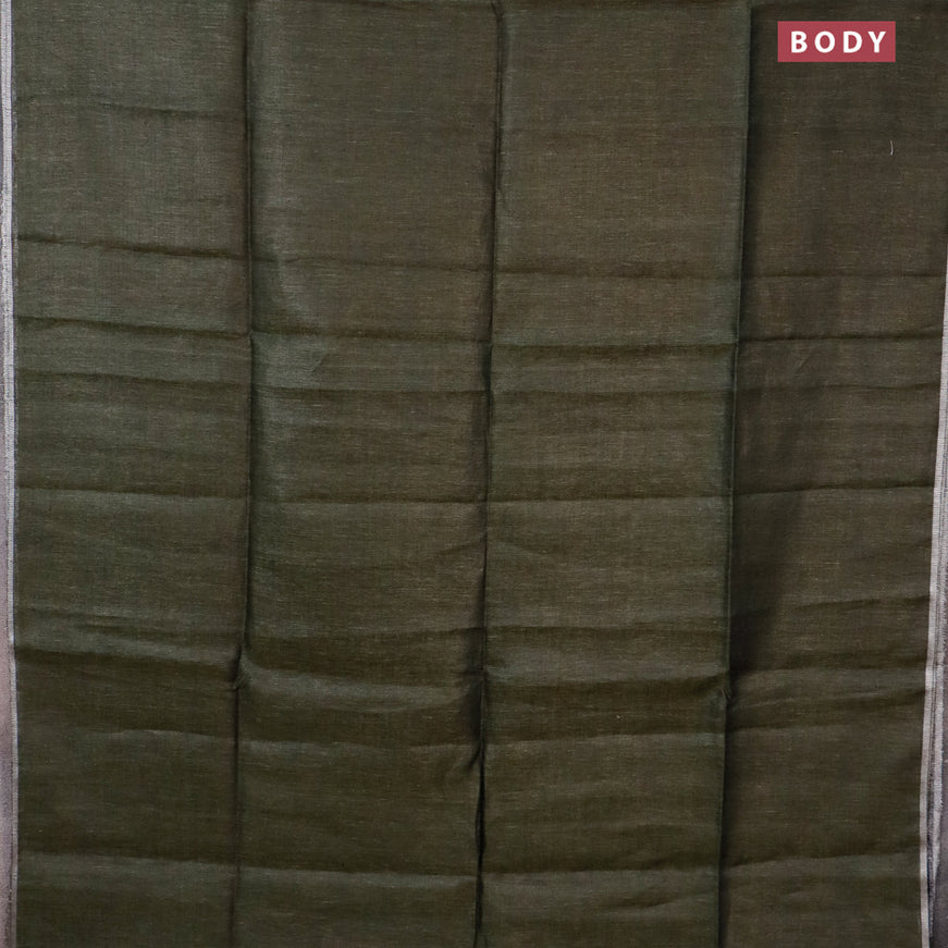 Pure linen saree sap green with plain body and silver woven piping border