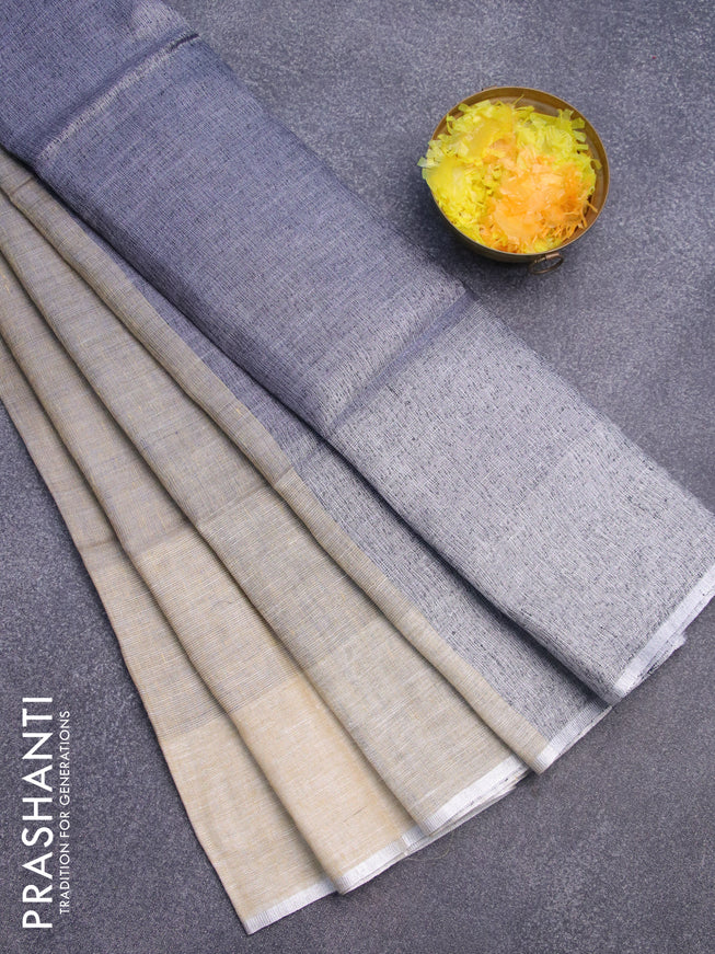 Pure linen saree greyish beige with plain body and silver woven piping border