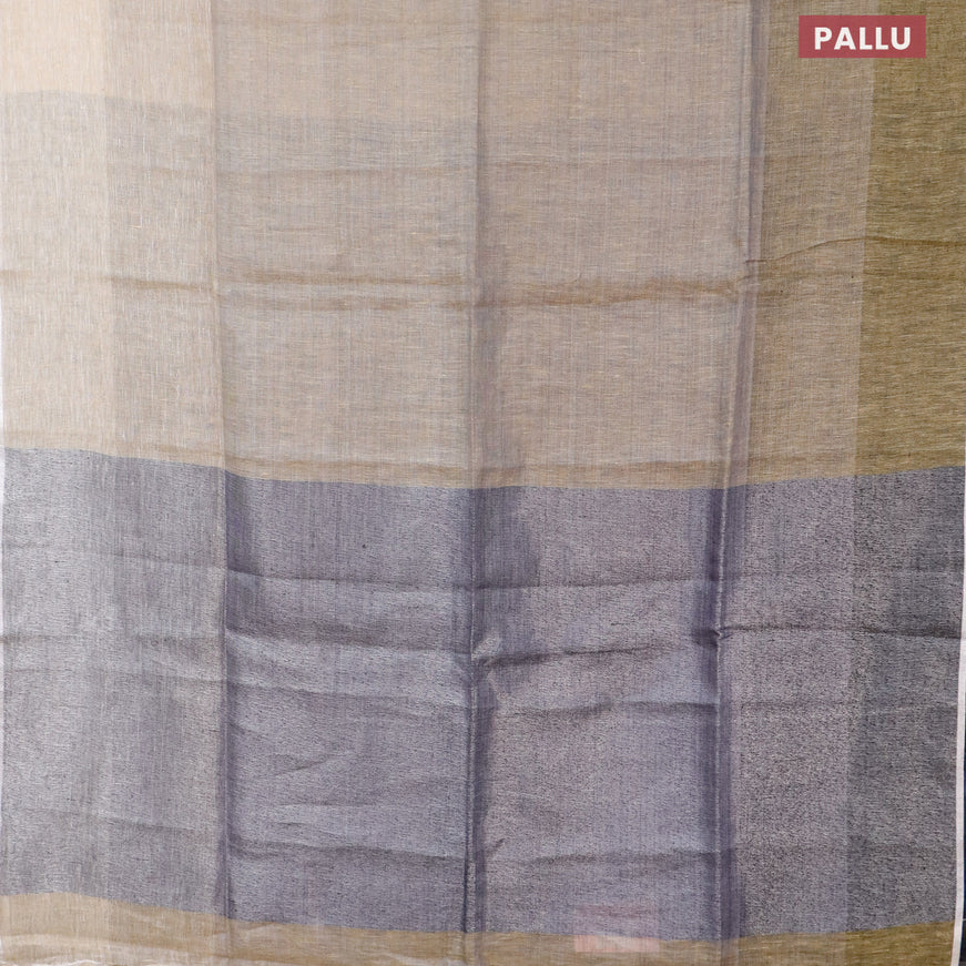 Pure linen saree greyish beige with plain body and silver woven piping border