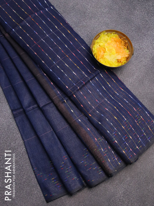 Pure linen saree navy blue with plain body and thread woven border