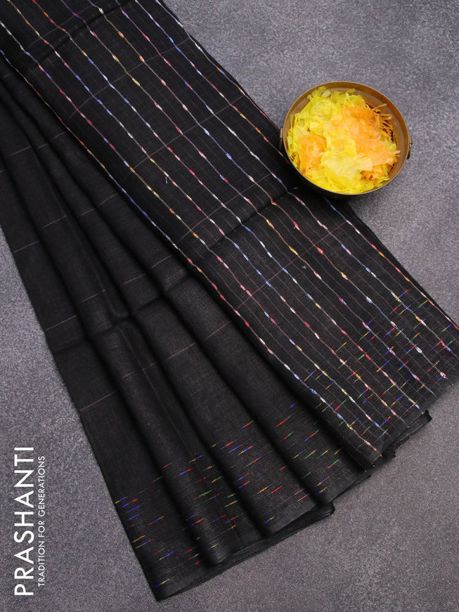 Pure linen saree black with plain body and thread woven border