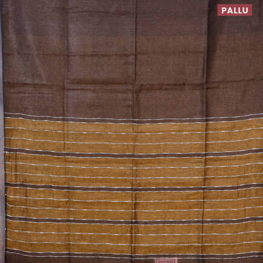Pure linen saree pastel brown and mustard shade with plain body and piping border