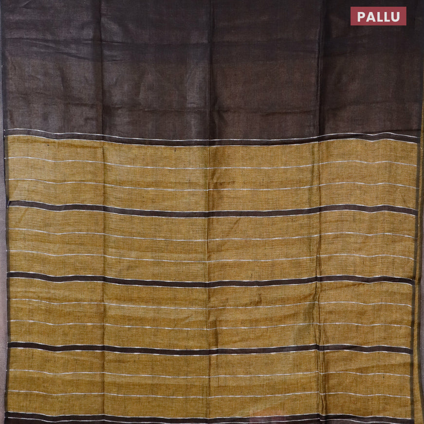 Pure linen saree deep coffee brown and mehendi green with plain body and piping border