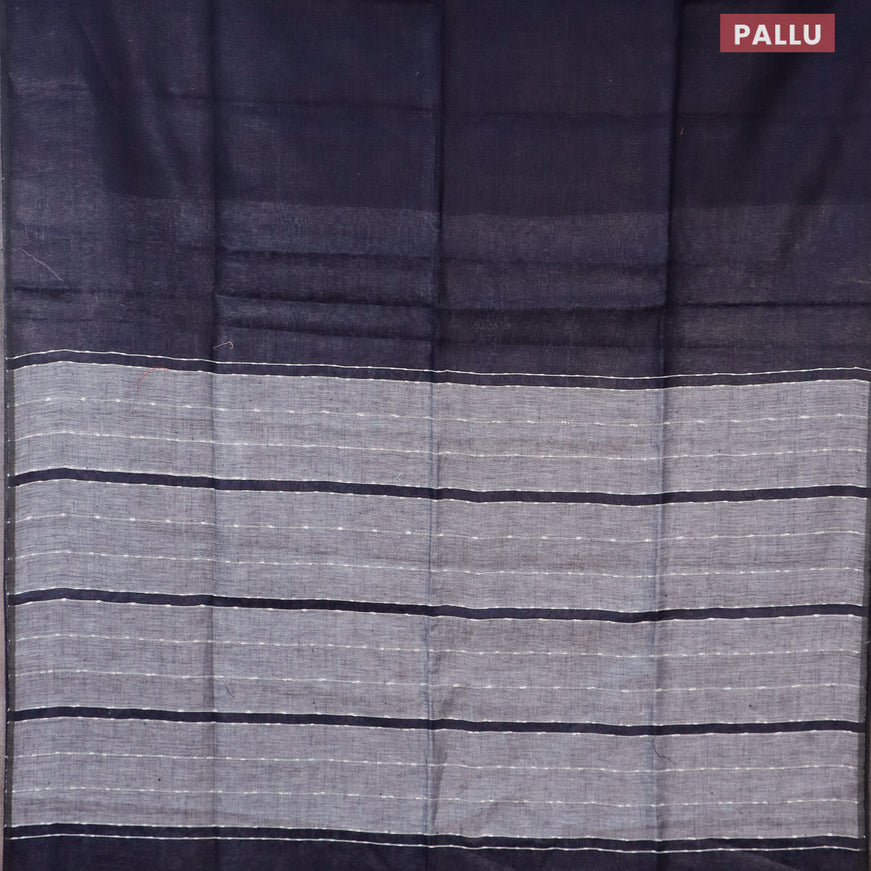 Pure linen saree navy blue and grey with plain body and piping border