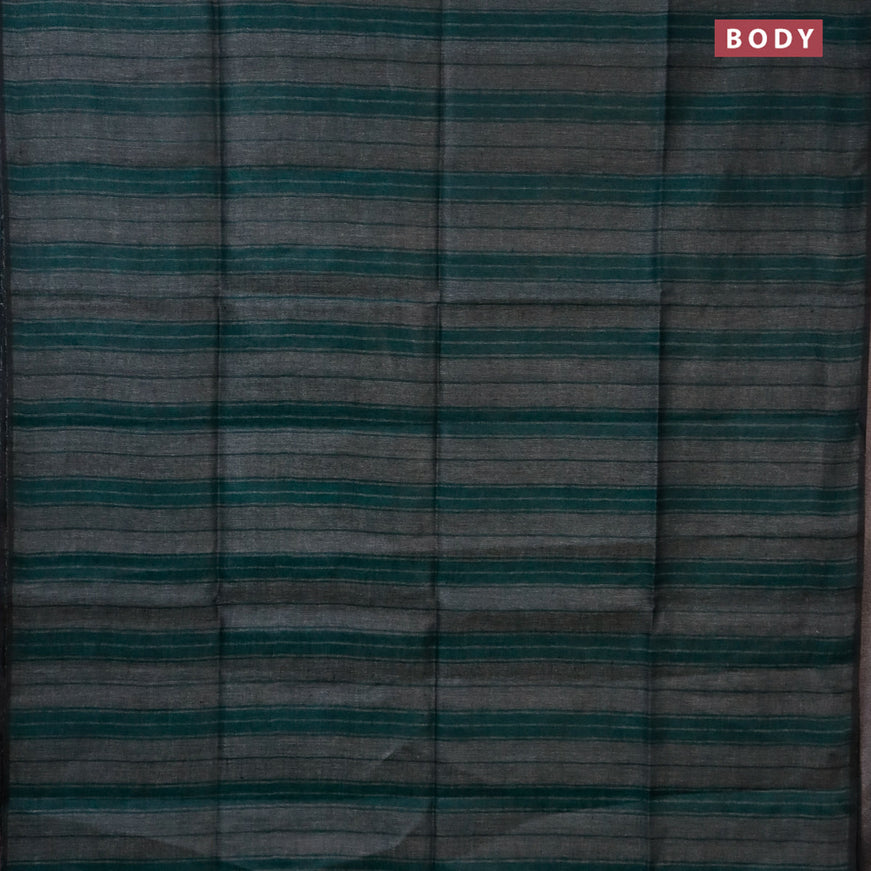 Pure linen saree dark green and grey with allover stripe pattern and piping border