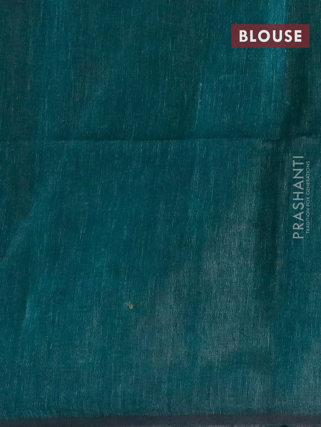 Pure linen saree dark green and grey with allover stripe pattern and piping border
