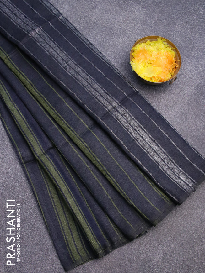 Pure linen saree sap green and navy blue with allover stripe pattern and piping border