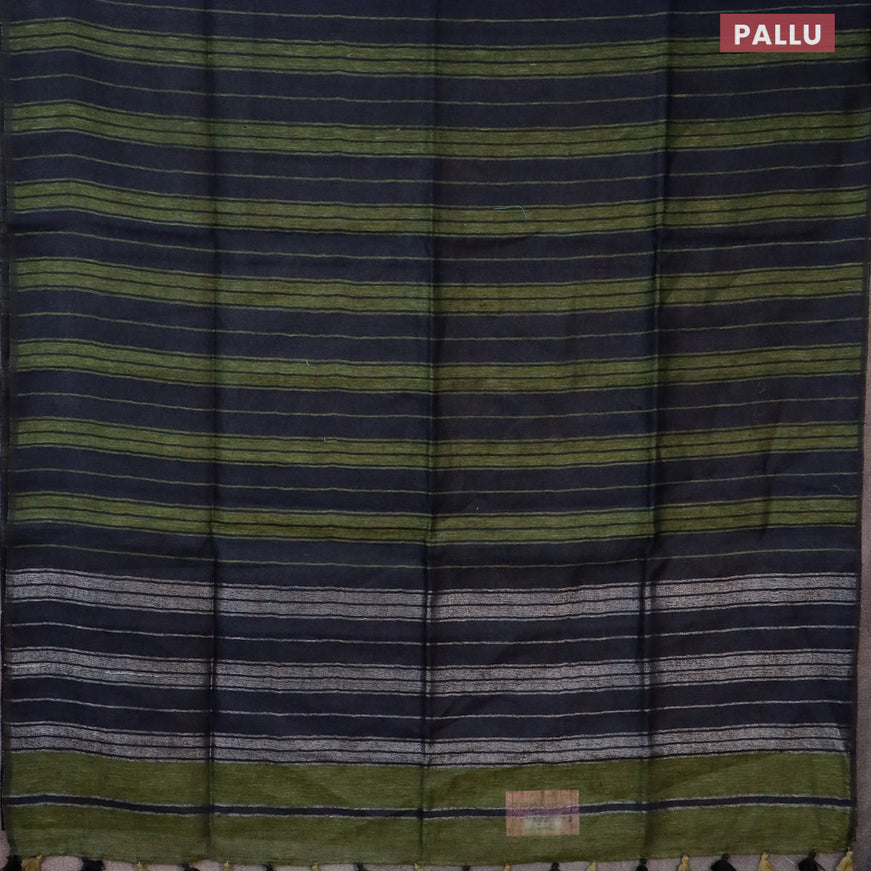 Pure linen saree sap green and navy blue with allover stripe pattern and piping border