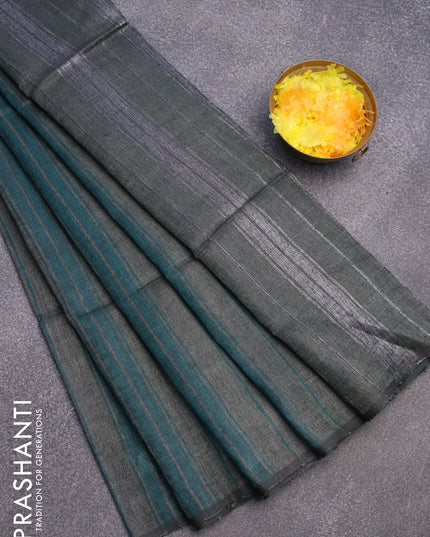 Pure linen saree peacock green and grey shade with allover stripe pattern and piping border
