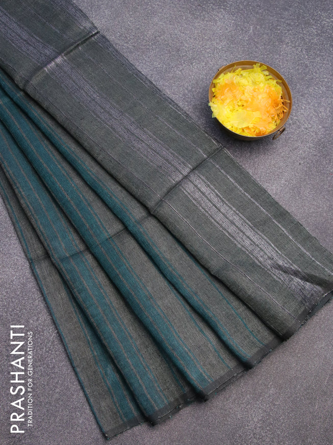 Pure linen saree peacock green and grey shade with allover stripe pattern and piping border