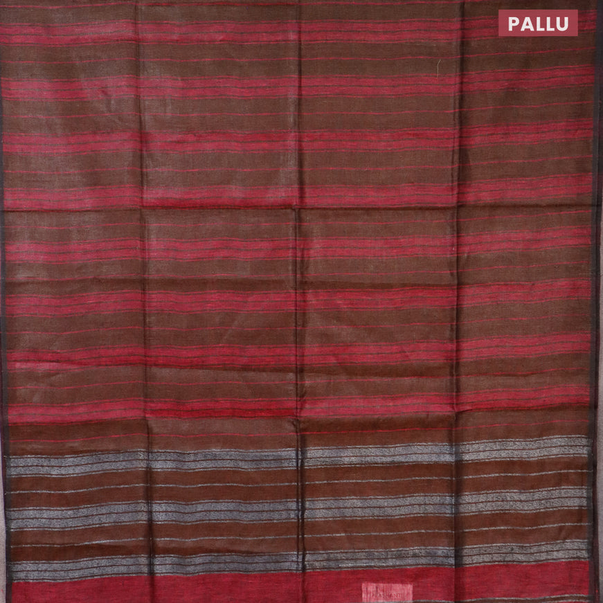 Pure linen saree magenta pink and brown with allover stripe pattern and piping border