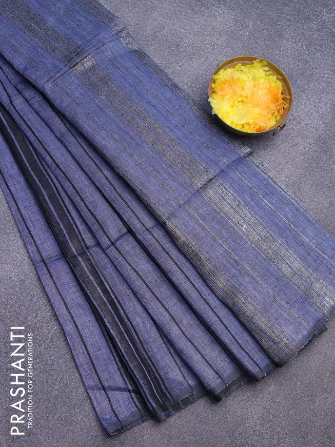 Pure linen saree blue shade and black with allover stripe pattern and piping border