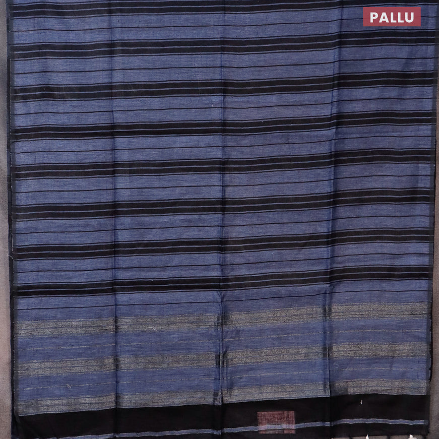 Pure linen saree blue shade and black with allover stripe pattern and piping border
