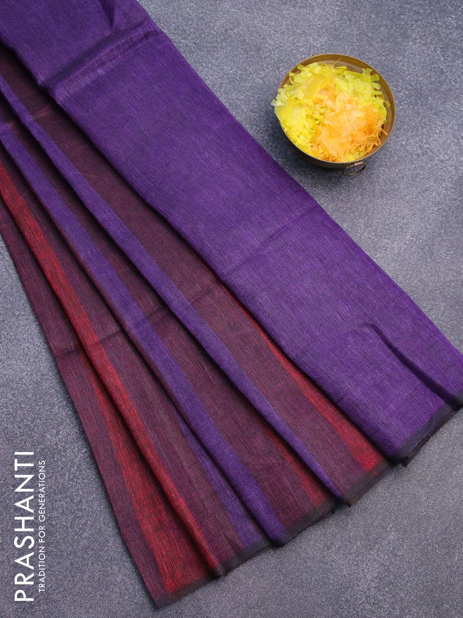 Pure linen saree multi colour and violet with allover stripe pattern and piping border