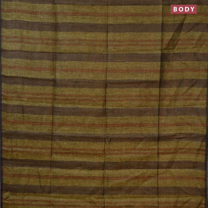 Pure linen saree mehendi green and brown with allover stripe pattern and piping border