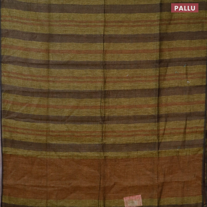 Pure linen saree mehendi green and brown with allover stripe pattern and piping border
