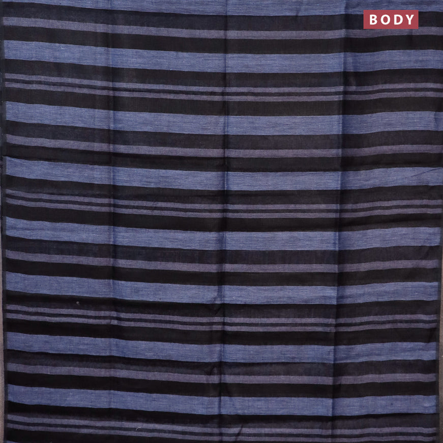 Pure linen saree black and blue with allover stripe pattern and piping border