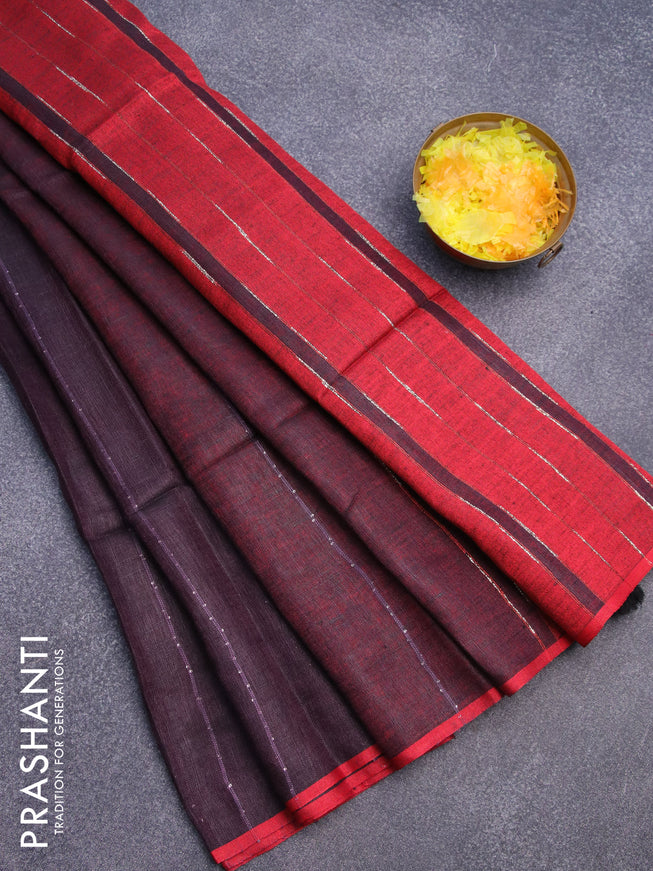 Pure linen saree deep jamun shade and red with allover thread woven sequin work and piping border