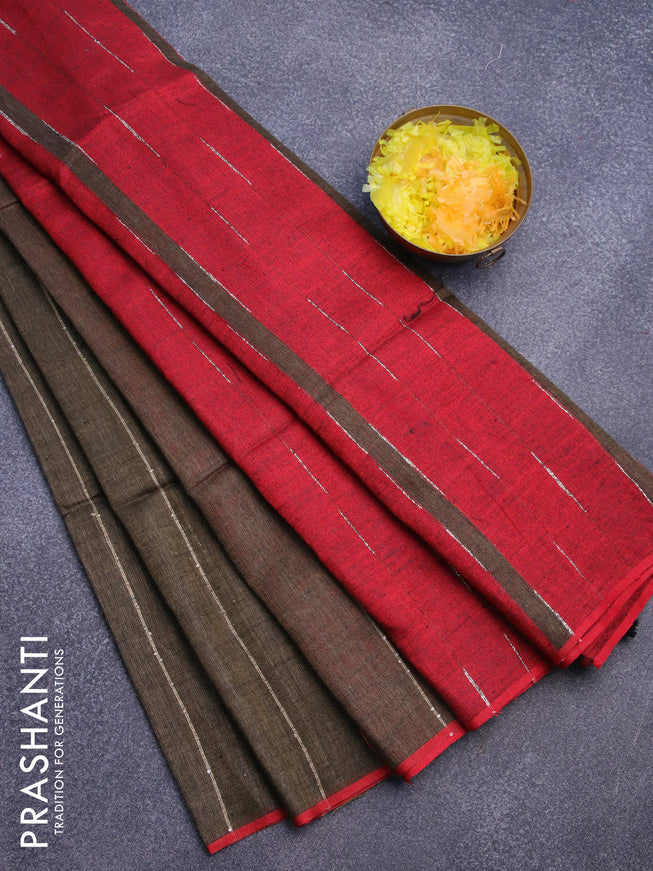 Pure linen saree dark sap green and red with allover thread woven sequin work and piping border