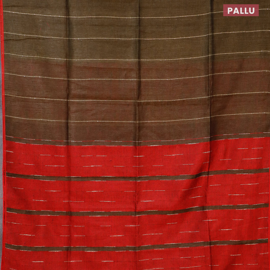 Pure linen saree dark sap green and red with allover thread woven sequin work and piping border