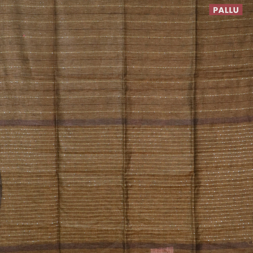Pure linen saree olive green with allover thread woven sequin work and piping border