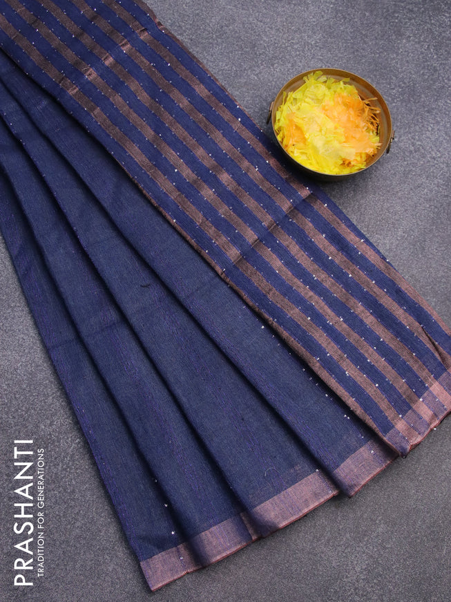 Pure linen saree blue with allover sequin work and copper zari woven border